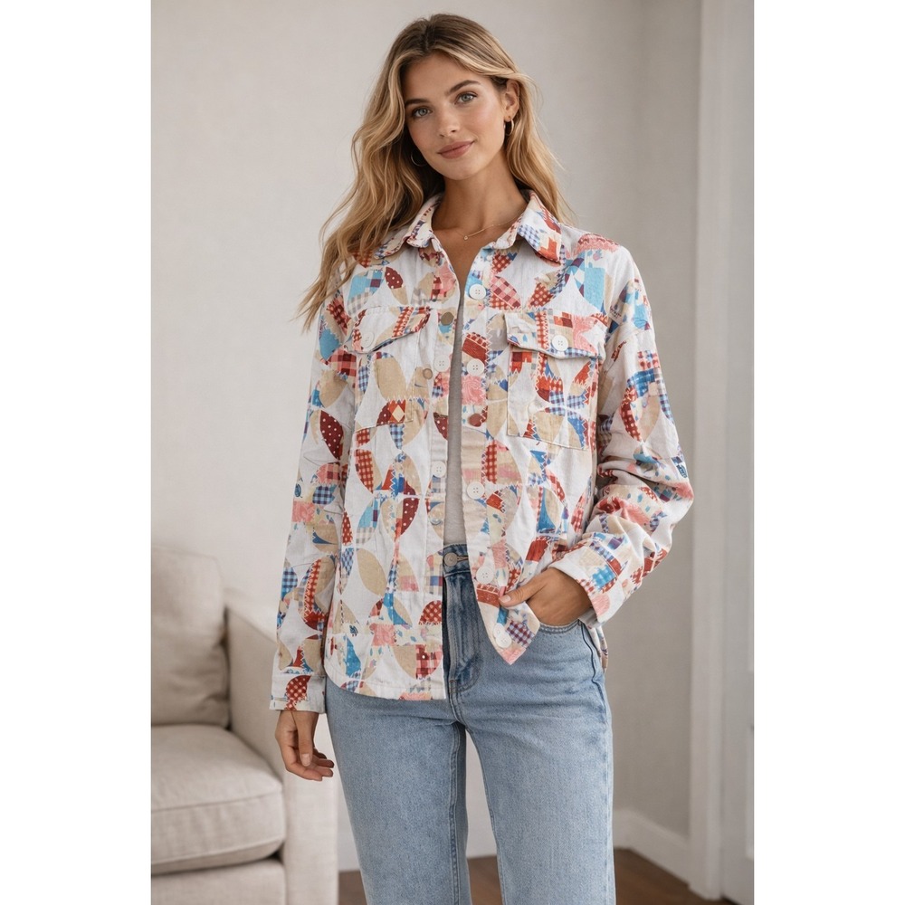 Cider Relaxed Corduroy Shacket Sz S Everyday Button Up Patchwork-inspired print